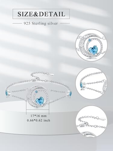 Image of Dorunmo 925 Sterling Silver Moon Heart Birthstone Anklet Bracelets for Women Best Mother's Day Birthday Jewelry for Wife Girlfriend Mom Her