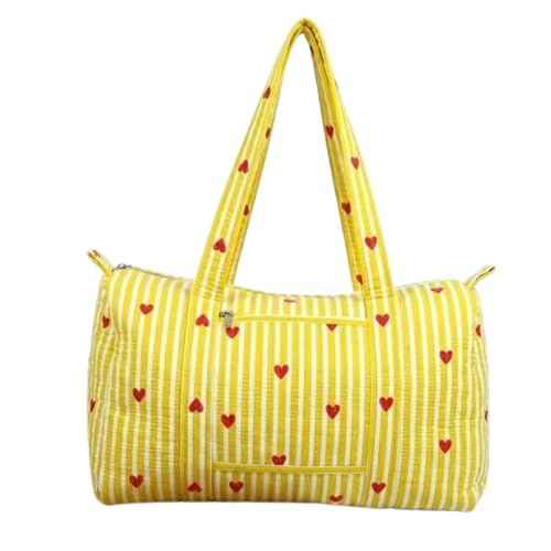 Women's Quilted Duffel Bag | Cotton Weekender Travel Bag with Shoulder Strap | Lightweight Overnight Gym Bag | Striped Heart Embroidered Handbag-image-8