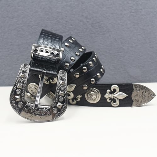 Studded Embossed Leather Belt for Women Men,Gothic Punk Western Strap with Skull Head Rivets & Crocodile Pattern4
