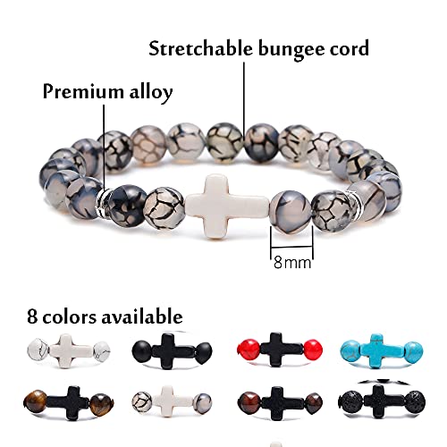 Ximeo 8Pcs Cross Beads Bracelet Set - Lava Rock Howlite Turquoise Tiger Eye Stone Natural Stone Bracelet Stretch Elastic Healing 8Mm Beads Bracelet #TOP1