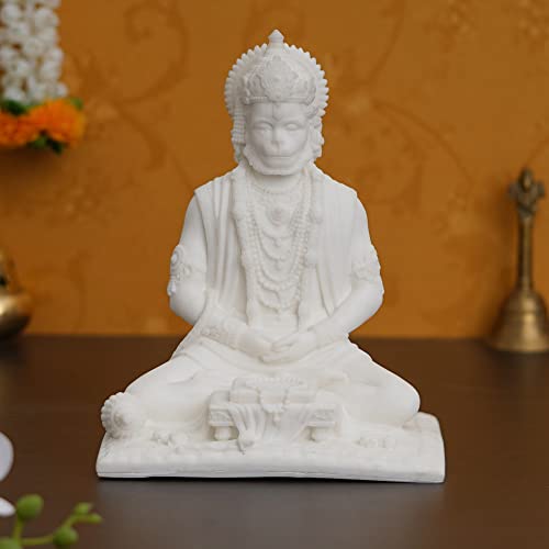 Image of eCraftIndia White Resin Hanuman Ji Murti for Home Temple Pooja Mandir Meditating Lord Hanuman Idol for Car Dashboard Home Office Hanuman Statue Hanuman Murti Gift for Diwali Hanuman Jayanti Ram Navami