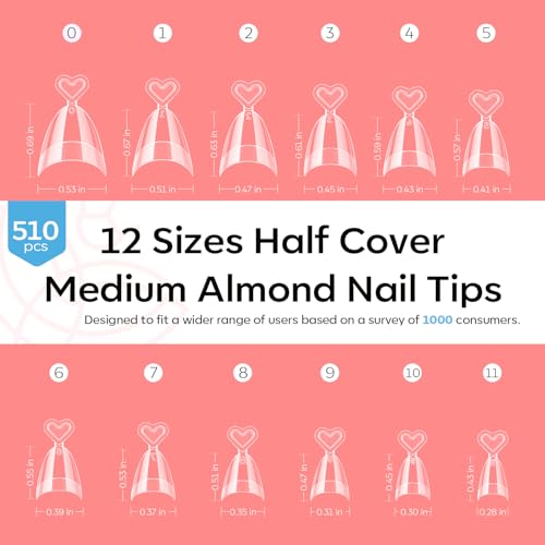 Image of Modelones Medium Almond Gel Nail Tips, 510Pcs Half Cover Fake Press on Nails Tips Pre-Etched Clear Natural Fit Acrylic Gel False Nails for Extension DIY Salon 15Sizes