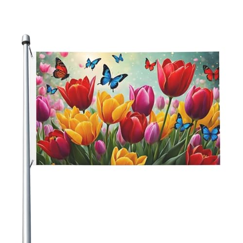 BOXIMIAO Spring Tulip Butterfly Colorful Flower Flag 3x5 Ft Outdoor Polyester Garden Flag Double Sided Banner For Yard Lawn Porch Balcony Home Decorations