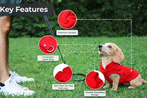 Image of JACKO & CO - Fleece Vest Dog Sweater with Leash Ring - Soft, Warm & Lightweight Pullover Coat for Small & Medium Dogs, Puppies & Cats - Cozy Fall /Winter /Spring Pet Jacket (Red, X-Small 2-4lbs)