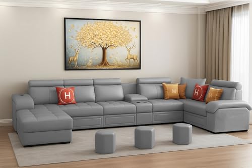 Image of Casaliving Emerson Modern U-Shaped Sectional Sofa Set 9 Seater, Sofa Couch with 3 Puffy for Hall (Grey Colour) Premium Leatherette Fabric Sofa