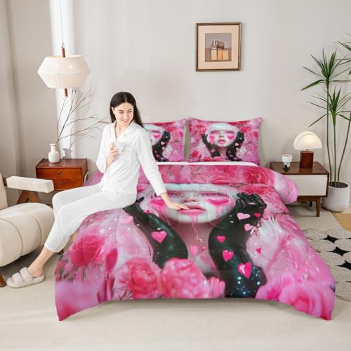 Image of Erosebridal Black and Pink Girl Bedding Sets Anime Gifts for Women Girls Romance Rose Girl Comforter Set Glitter Love Hearts Decor Duvet Insert Modern Lady Fashion Girls Bed Set King 3 Pieces