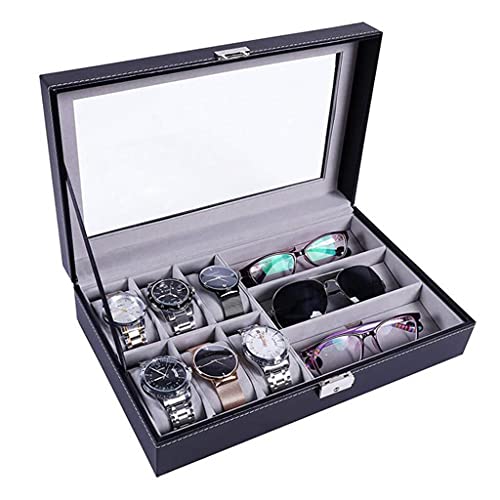 Watch Box Eyeglass Sunglass Organizer for Men/Women, 6 Slot for Watch Display & 3 Compartment for Eyeglass Collection, Display Drawer Lockable Case Organizer Black Cover