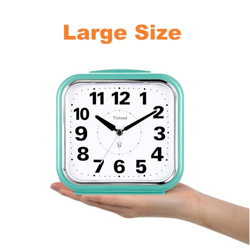 Image of Tinload 5.5 inch Large No Ticking Analog Alarm Clock,Silent Readable for Seniors,Easy to Set,Gradual Rise Alarm,Big Numbers,Gentle Wake,Snooze, Lighted on Demand,Battery Operated,Green