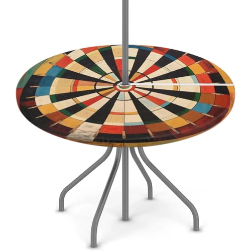 Mintoprints Dart Board Round Tablecloth with Umbrella Hole, Elastic Fitted Table Cloth Waterproof Round Cover with Zipper 45"-56" Outdoor Table Cloth for Patio, Picnic