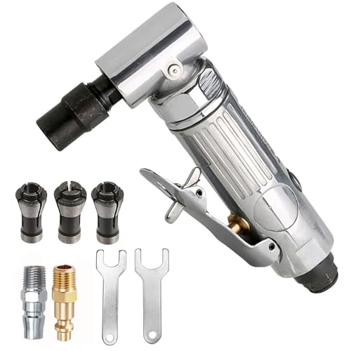 CILEONBE Air Die Grinder,Right Angle,20000 RPM Free Speed,1/4"(6MM,6.35MM) & 1/8"(3MM) collet,Safety Lock, Polishing Tool