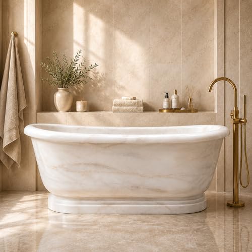 CHETTO C Natural Marble Freestanding Bathtub, Luxury Stone Soaking Tub with Unique Veining for Designer Bathroom, Hotel Suite, Villa, Resort Spa, Boutique Hotel and Hospitality Projects