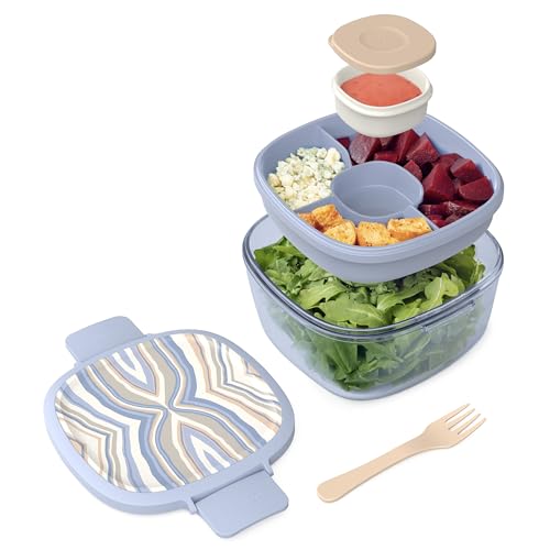 Bentgo Glass Prints All-in-One Salad Container - 61oz Tinted Glass Salad Bowl with Lid, Bento-Style Tray, Sauce Container, & Reusable Fork - Dishwasher & Microwave Safe (Wildly Chic - Soft Blue)