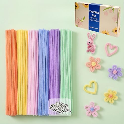 YYUENG TAK 300 Stk Pfeifenreiniger Pastell,Pfeifenputzer zum Basteln mit Wackelaugen,6 Pastellfarben Chenilledrähte 6mm x 30cm,Macaron Pipe Cleaner Basteln set für DIY Handwerksprojekte und Dekorieren