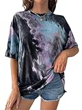 Remidoo Women's Casual Crewneck Short Sleeve Tie Dye Oversized T Shirt Graphic Tee Top Purple Black X-Large