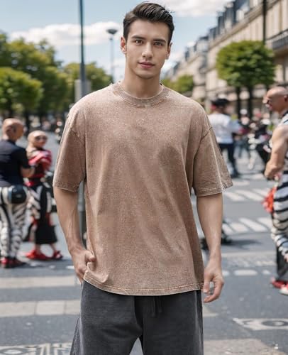 Image of Men's Oversized T-Shirts Cotton Unisex Short Sleeves Casual Loose Wash Solid Basic Tee Tops