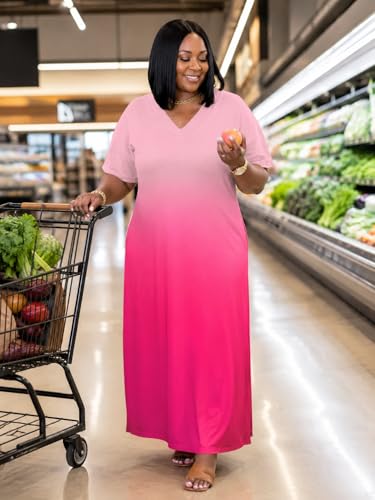 Image of SUZONANA Women Casual T-Shirt Dress V Neck Short Sleeve Solid Color Oversize Dress with Front Two Pockets