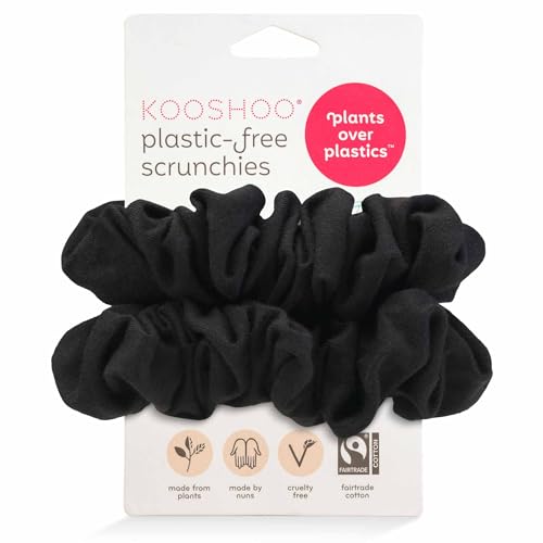 KOOSHOO Scrunchies - Organic Cotton Scrunchie Set Made from Plants - Washable, Durable, No-Damage Accessories for All Hair Types - Fair Trade, Ethically Made, Vegan - 2ct - All Black