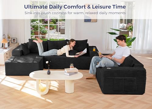 Image of MAXYOYO Modular Sectional Couch with L-Shape Chaise and Loveseat, Modern Boneless Couch for Living Room, Oversized Sofa with Deep Seat, No Assembly Required, Black