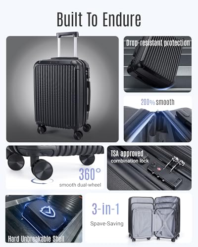 LIGHT FLIGHT Luggage Sets, Durable Hard Shell 3 Piece Set Suitcase with Spinner Wheels, Hardside Lightweight Luggage set with TSA Lock, Large Travel Luggage Set (20" 24" 28"), Black3