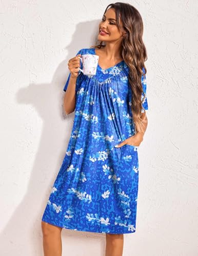 Image of Ekouaer Womens House Dress Floral Print Nightgown with Pockets Mumu Dress | V Neck Nightgowns for Women Pleated Short Sleeves Mumu Dresses Knee Length Moo Moo for Sleep, Daily Wear, Vacation, Party