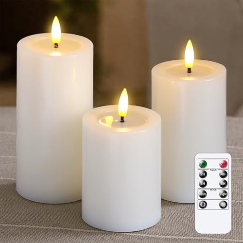 Image of Yeelida Remote Flameless Flickering Pillar Candles with Candle Grease Effect,Pack of 3 White LED Battery Oprated 2 /4 /6 /8 Hours Timer Real Wax Electric Candles(3x4,5,6 Inches)