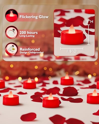 Image of Amagic 30 Pcs Red Flickering Flameless Tea Lights Battery Operated, 200+ Hours Long Lasting Colored Candle for Halloween, Christmas, Holiday Decor, Theme Party, Wedding Table Decor, Proposal