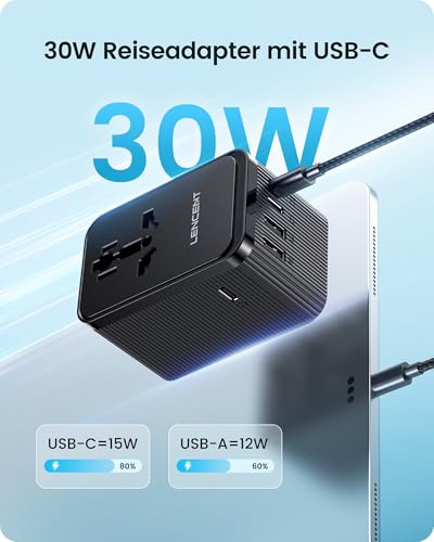 LENCENT Reiseadapter Weltweit, 30W Universal Reisestecker Adapter mit 3 USB C und 2 USB A, Internationaler Steckdosenadapter für USA England Japan Malediven Sri Lanka Australien (Typ A/C/D/G/I)