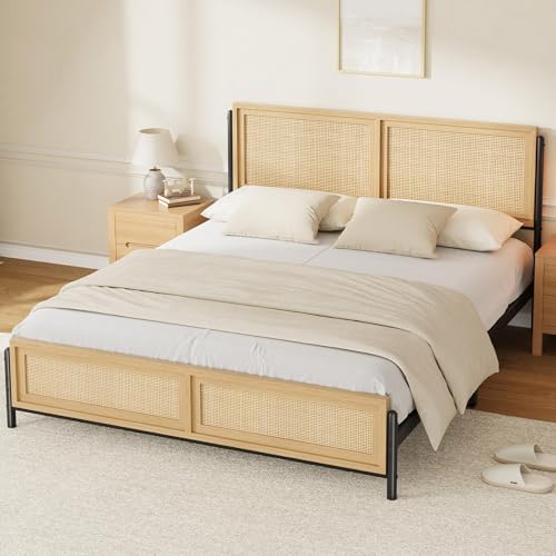 Garvee Cadre De Lit Double avec Tête Et Pied De Lit en Rotin, Cadre De Matelas Double Style Bohème, sans Sommier, Silencieux, Cadre De Lit en Bois Facile à...