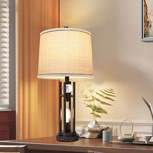 Set Of 2 Table Lamps With Usb Ports, 27.5" Tall Farmhouse Table Lamp With 2 Led Nightlight Blubs, Bedside Lamp Oil Rubbed Bronze Off White Round Burlap Shade For Living Room Bedroom Home Office #TOP5