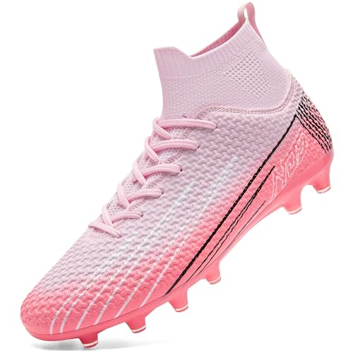 DimaiGlobal Botas de Fútbol Hombre Mujer con Tacos para Césped Natural/Artificial e Interior/Exterior High Top Zapatillas de Futsal Antideslizantes para Entrenamiento Junior 43EU Rosa
