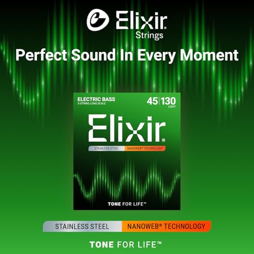 Miniatura 3 de Elixir Cuerdas De Bajo De 5 Cuerdas Strings De Acero Inoxidable Con Recubrimiento Nanoweb, Escala Larga, Calibre Ligero .045-.130