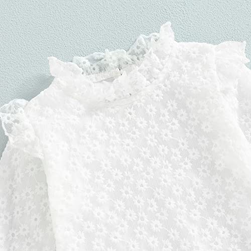 Wallarenear Baby Girl Long Puff Sleeves Ruffle Lace Jacquard Flower Shirt + Elastic Waist Plaid A-Line Skirt Outfits Set (White Gray, 5-6 Years) #TOP2