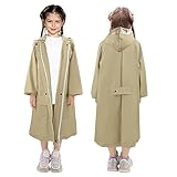 LAMA Kids Raincoat with Hood, Lightweight Raincoat for Girls, Kid Long Rain Jacket, Waterproof, Windproof, Durable, Reusable Girl Rain Coat for Rain Day (Khaki, L)