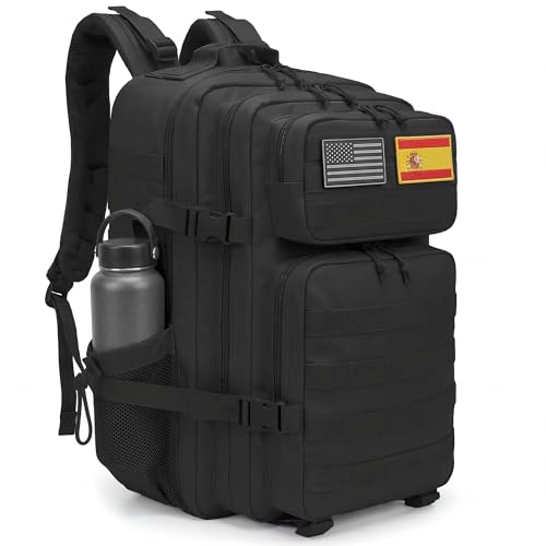 unycos   Mochila Táctica Militar【45L】con Sistema Molle y Bolsillos Laterales, Tela Oxford 900D Resistente, Bolsillos para 3 Días de Emergencias, Caza, Senderismo, Viaje, Crossfit, Gimnasio (Negro)