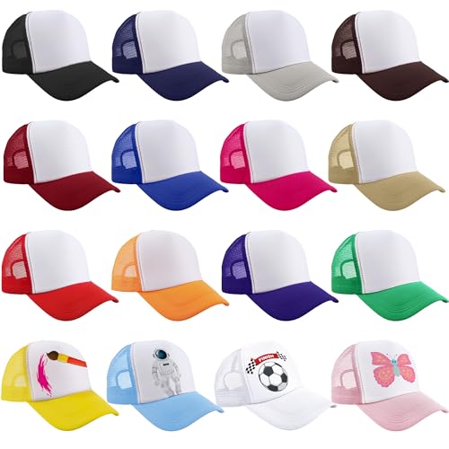 16 Pcs Kids Trucker Hats DIY Sublimation Baseball Caps Adjustable Blank Mesh Hats for Boys Girls Outing Running Sports (US