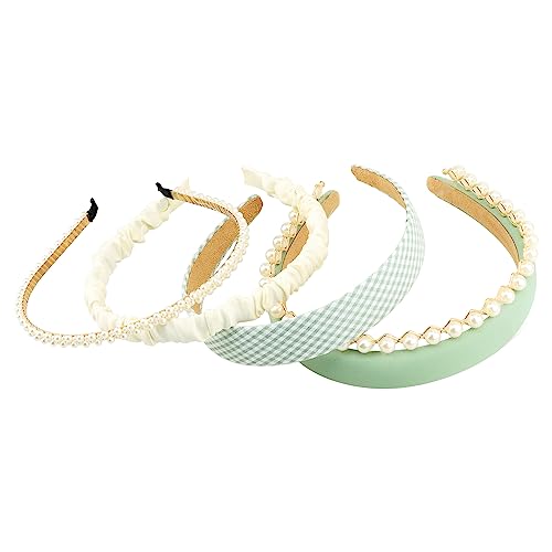 DOXISHRUKY Fashion Headbands for Women Girls Headbands Set, 5pcs Pearl Headband Floral Headbands Padded Headbands for Women Vintage Wide Headband (Green)