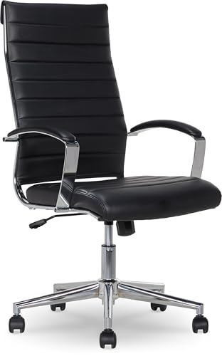 Image of Amazon Basics High-Back Swivel Office Chair with Lumbar Support, Ergonomic Ribbed Faux Leather, Adjustable Height, 45.25 inch x 24.75 inch x 23.25 inch, Black