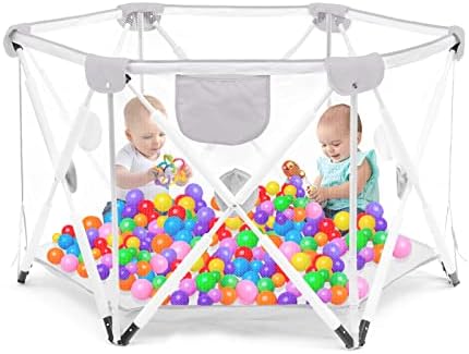 Baby Playpen with Super Soft Breathable Mesh Storage Bag Baby Foldable and Portable Hexagonal Folding Playpen Kids Activity Center Indoor Outdoor Play for 0-4 Ages 55”x26.7”x30.7” (Grey)