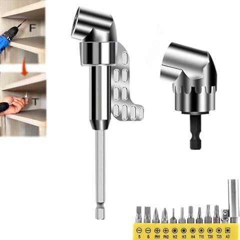105 Degree Right Angle Drill Adapter, New Right Angle Head Drill Driver Extension Bit Power Screwdriver Socket Adapter, 1/4" Hex Shank Driver Angle Drill Attachment for Household Work (Short+Long) Cover
