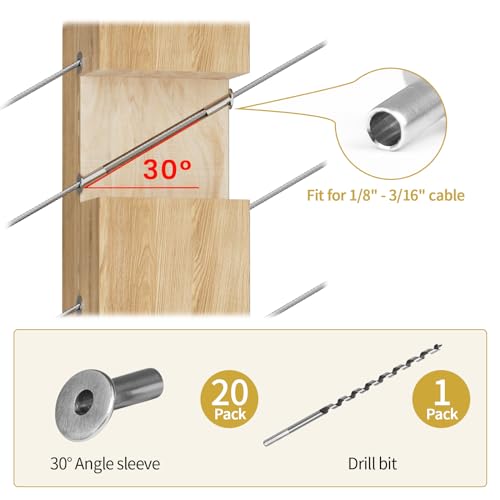 20Pack Upgraded Cable Railing Kit 30 Degree Angle Beveled Protector Sleeves T316 Stainless Steel Cable Railing Hardware for 1/8\" 5/32\" 3/16\" Wire Rope Stair Wood Posts Deck Cable Railing System SC14 - Thumbnail 2