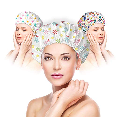 PUSSAER 3Pack Printed Shower Cap for Women Long Hair, Reusable EVA Extra Large Shower Hair Hat, Double Waterproof Protection, Kids, Men(Modern Fresh Natural Pattern 13 inches)