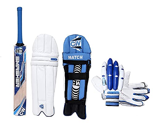 CW Trainer Red Blue Wooden Cricket kit for All Age Groups Kashmir Willow Cricket Bat Size 3-6 Cricket Glove Kit for Boys - Senior Men Full Size Left & Right Hand Kit (5 for 10-11 Yr, Right Blue)
