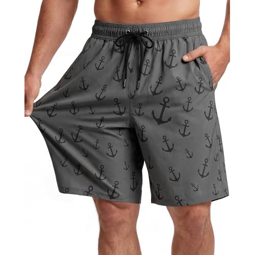 9 Inch Men Swim Trunks with Mesh Lining Breathable Quick Dry Drawstring Pockets for Summer Beach Travel Cruise XX-Large Gray Anchor