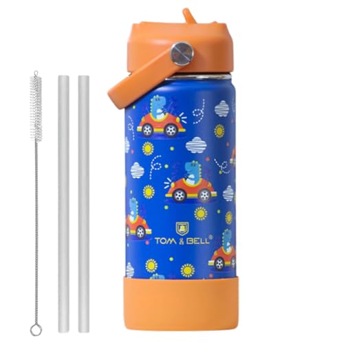 Image of TOM & BELL Insulated Water Bottle for Kids 500ml,Double Wall Water Bottle for School, Sipper Bottle,Hot and Cold, Premium 304 Stainless Steel. (BlueDino, 500ml)