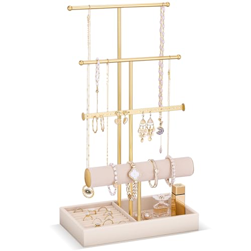 Lolalet Soporte para joyas con bandeja de terciopelo, 4 niveles, soporte de exhibición de collares de árbol de joyería con ranuras para anillos, bandeja organizadora para collares, aretes, pulseras