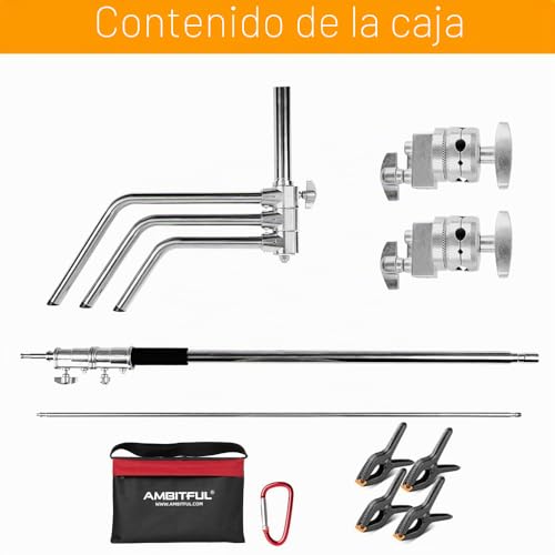 Miniatura 2 de Ambitful Soporte C De Acero Inoxidable Resistente Con Brazo De Pluma Altura Máxima De 320 Cm 10.5 Pies Soporte De Luz De Fotografía Con Brazo De Sujeción De 128 Cm 4.2 Pies, 2 Cabezales De Agarre
