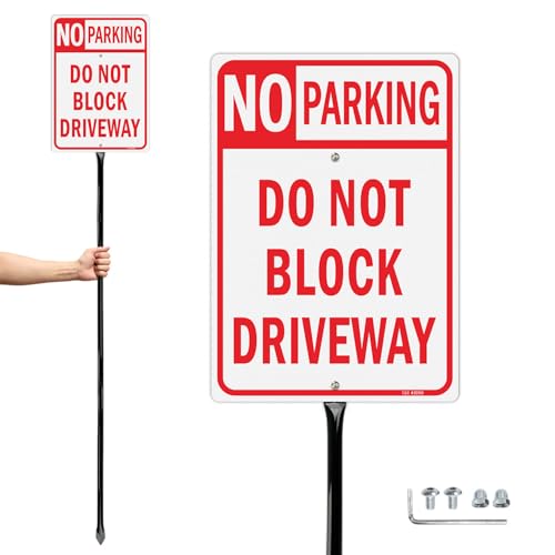 T&R Large No Parking Sign Do Not Block Driveway Sign with 54 Stake - 14x10 .040 Rust Free Aluminum Reflective Waterproof and Fade Resistant 2 pre-drilled holes Includes Matching Screws & Wrench Easy to Mount