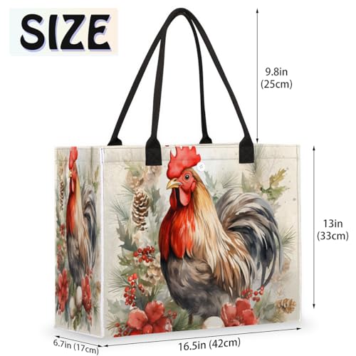 Watercolour Berry Flower Rooster Tote Bag for Women Large 16.5x13x6.7 Inch Shoulder Bag with Zipper Pocket Felt Work Bag for Laptop Travel Shopping Beach Pool2