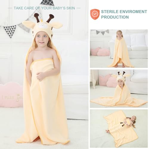 Image of MICHLEY Cartoon Hooded Baby Towel Unisex, Premium Soft Swimming Bathrobe Large Washcloths 31.5 inch x 53 inch for 0-9T (Giraffe)