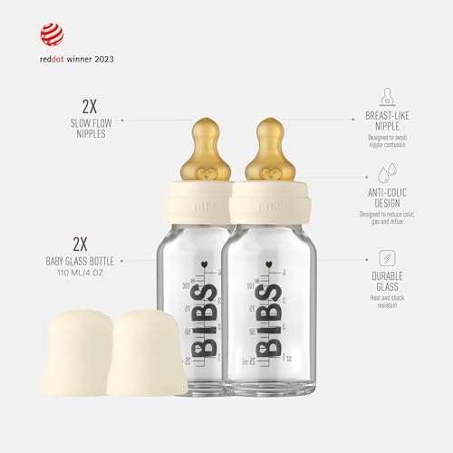 Image of Bibs Baby Glass Bottle | Newborn Anti-Colic Baby Bottles | Borosilicate Glass with a Natural Vented Round Natural Rubber Latex Nipple | Consistent Flow Rate | 3.7 oz /110 ml | 2 Pack | Ivory